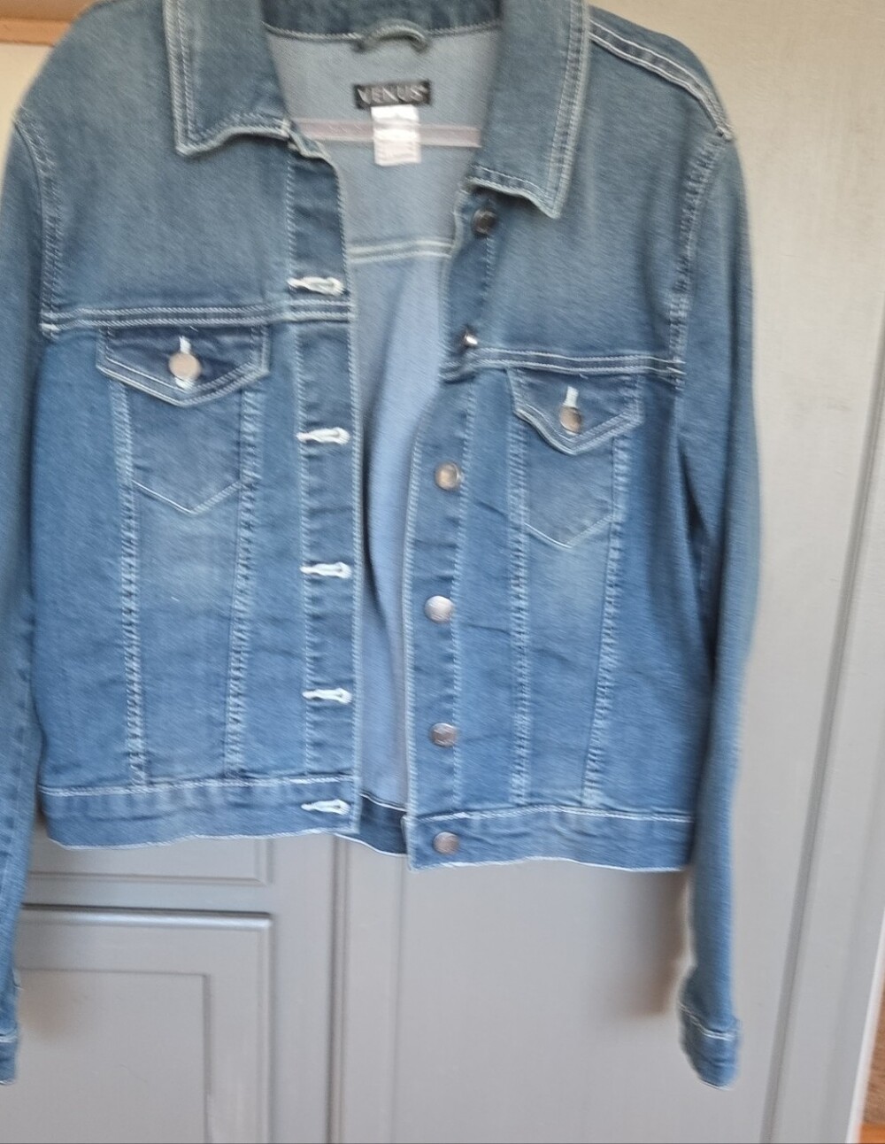 VENUS Medium Blue Denim Jacket with Chest Pockets With Sequin Angel Wings